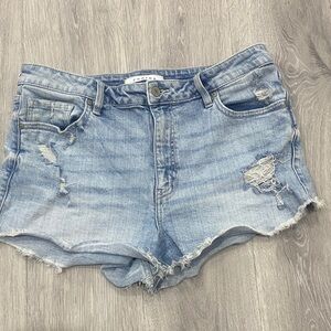 EUNINA Woman’s LARGE Light Wash Frayed Hem Denim Shorts